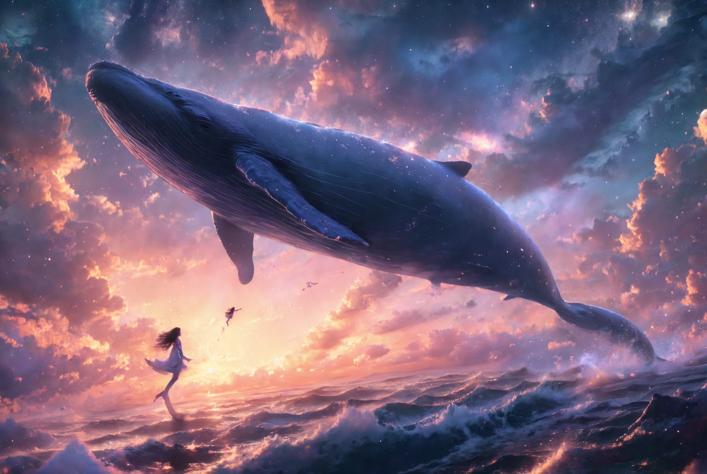 606247209521970413-2188351612-xuer Big whale, 1girl, whale, sky, solo, scenery, long hair, star _(sky_), wide shot, barefoot, black hair, surreal, starry sky_.jpg